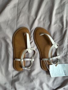 Cream T-Strap Flat Sandals