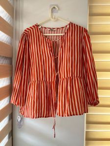 brick &amp; White Striped Peplum Top