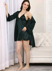 Shein Spaghetti Strap Lace Trim Slit Nightie &amp; Rob