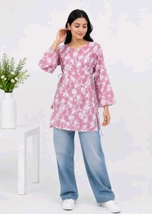 Pink Floral Print Wrap Kurta