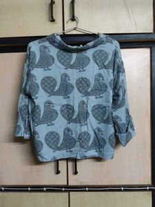 Light Blue Bird Print Button-Up Shirt