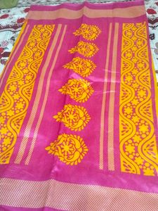 Yellow,Pink Border Crepe Saree ,