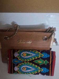 Stylish Tan Clutch with Embroidered Wallet