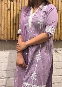 Lavender Kurta Set with White Embroidery