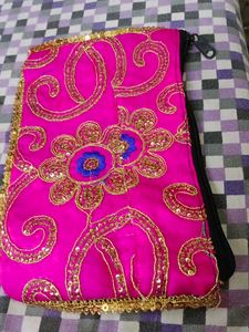 Vibrant Pink Embroidered Clutch Bag