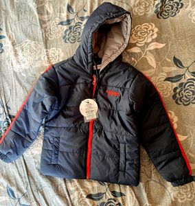 Kids Navy Puffer Jacket with Red Stripes