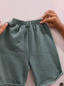 Green Waffle Texture Shorts with Bear Patch