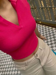 Hot Pink Ribbed Cropped Polo Shirt