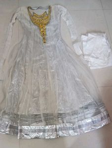 Elegant White Anarkali Set with Gold Embellishment