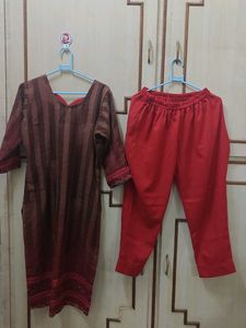 Ethnic Brown Striped Kurta with Red Pants