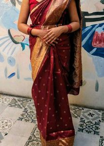 Maroon Silk Saree with Gold Border