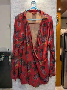 Vibrant Floral Wrap Top Net Material Plus Size