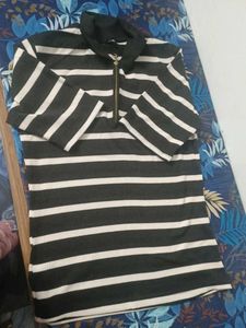 Striped Zip Neck Long Sleeve Top