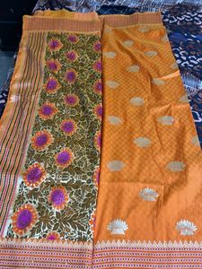 Beautiful Orange Saree with Floral Print