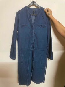 Denim Midi Dress with Tie Waist