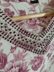 Floral Print Kurta with Embellished Neckline