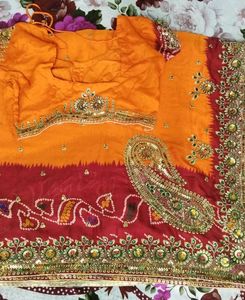Orange &amp; Red Embroidered Saree with Blouse