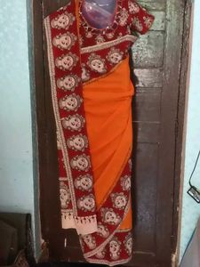 GentlyUsed UniqueKalamkariPrint Saree+Stiched
