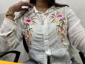 Embroidered White Button-Down Shirt