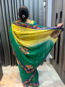 Pure Georgette yellow green saree