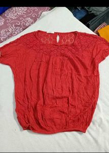 Red Lace Trim Casual Top