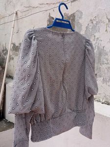 Elegant Grey Blouse with Circle Print