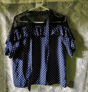 Navy Polka Dot Ruffle Top