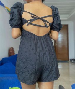 Chic Black Puff Sleeve Mini Playsuit/Jumpsuit