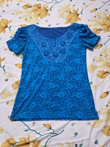 Blue Floral Lace Neck Top