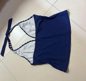 Navy Blue Striped Halter Neck Tankini Top