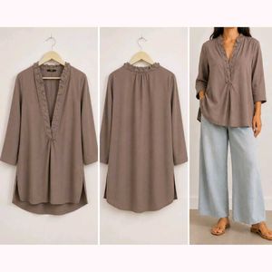 Brown Ruffle Neck Tunic Top