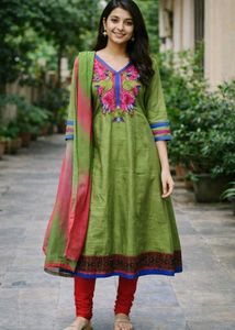 LessUsedGreen Anarkali KurtiSet - Top+Chudi+Dupatt