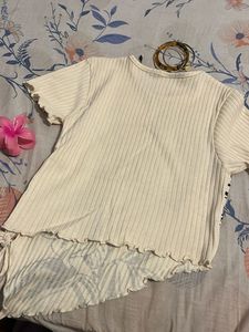 Cream Ribbed Top with Black Floral Print