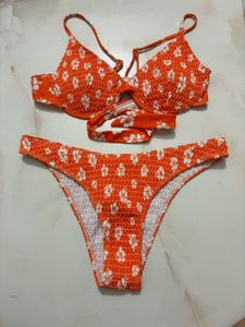 Orange Floral Smocked Bikini Set