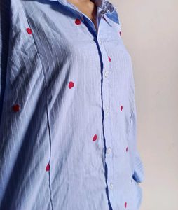 Blue Striped Shirt with Red Accents