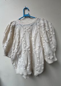 Cream Textured Puff Sleeve Sweater