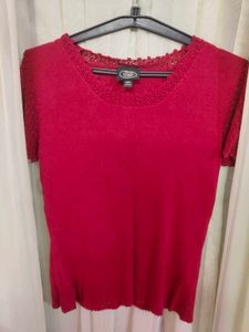 Elegant Red Lace Trim Knit Top