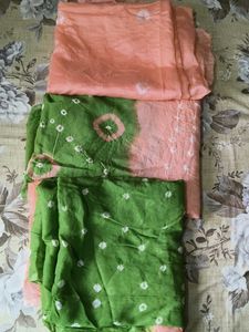 Elegant Peach &amp; Green Bandhani Dress Material