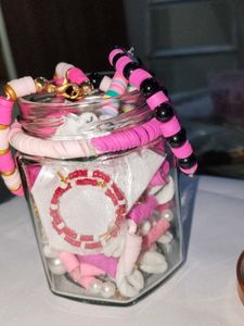 Pink Beaded Bracelets, necklaces,ring,earrings mix