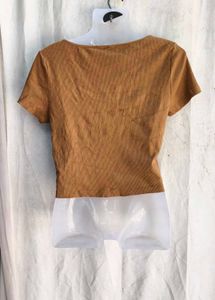 Brown Ribbed Square Neck Crop Top