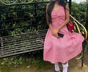Gingham Print Halter Neck Midi Dress
