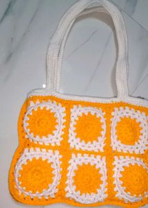 Handmade Crochet Tote Bag - Yellow &amp; White