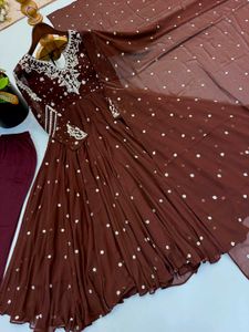 Elegant Brown Sequined Anarkali Kurta Set