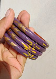 Set of 4 Purple Bangles with Yellow Floral Design