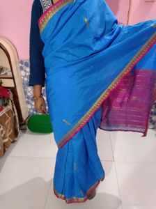 Vibrant Blue &amp; Pink Saree with Gold Motifs