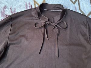 Brown Tie Neck Long Sleeve Top