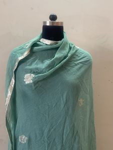 Elegant Teal Dupatta with Silver Border