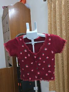 Maroon Ditsy Retro Floral Button-Up Top