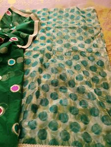 Bottle Green Colour Netted Saree