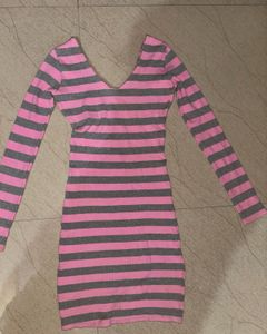 Pink &amp; Grey Striped Long Sleeve Dress
